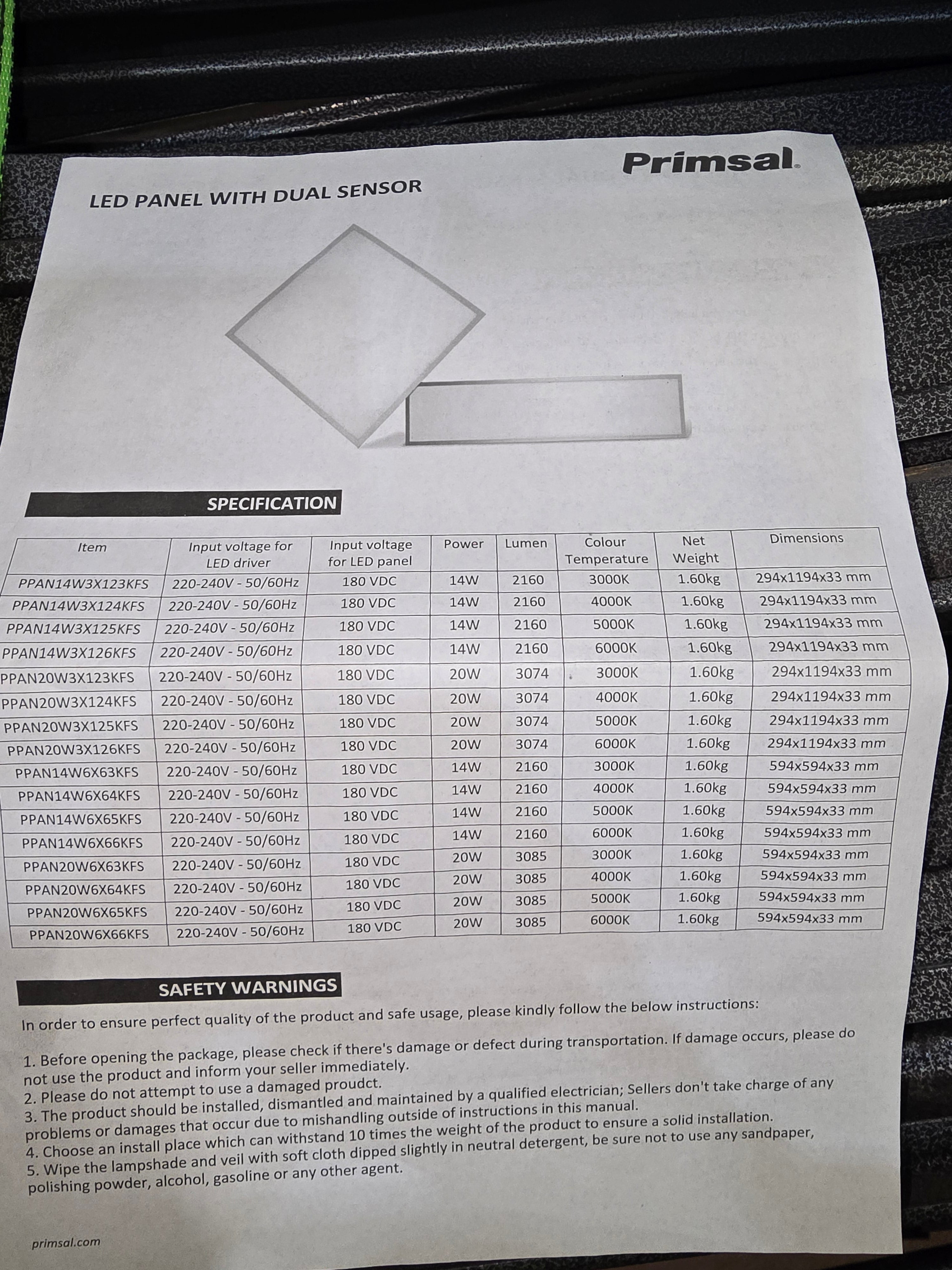 Primsal 14W Dual Sensor LED Light Panels, 1235x285x325mm